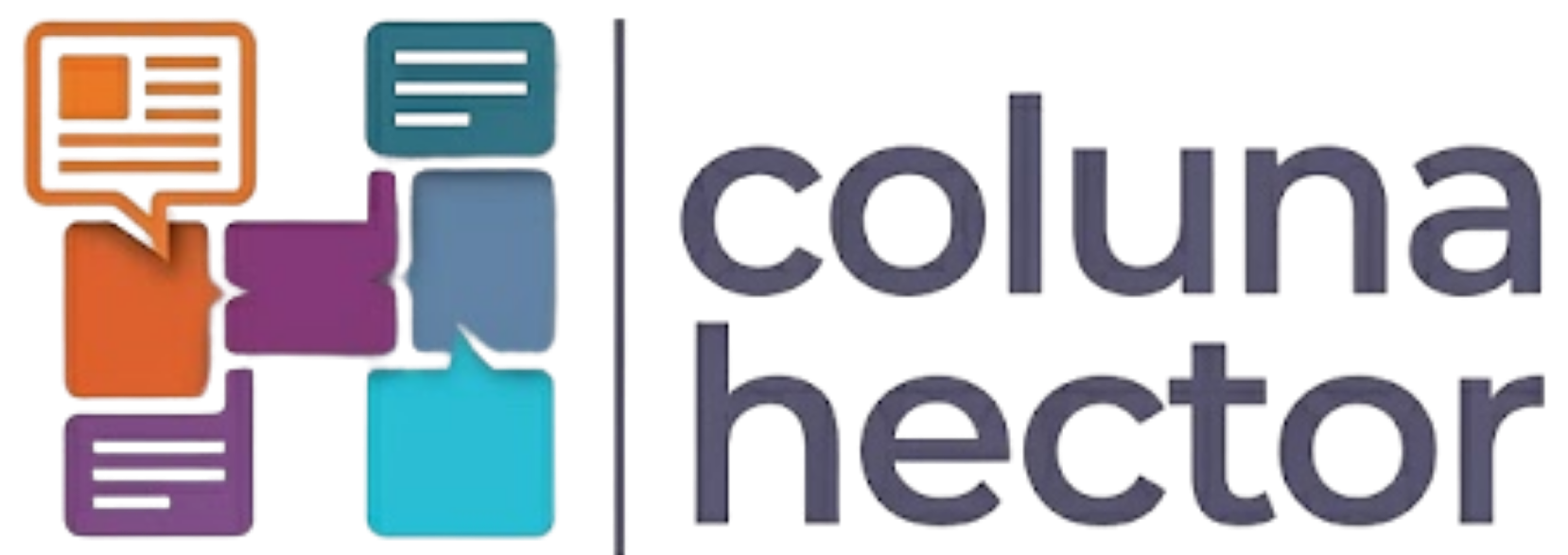 Logotipo da Coluna Hector com um símbolo de balão de fala e livros interligados acima do texto da marca, em cores suaves, em um fundo de parede moderna.